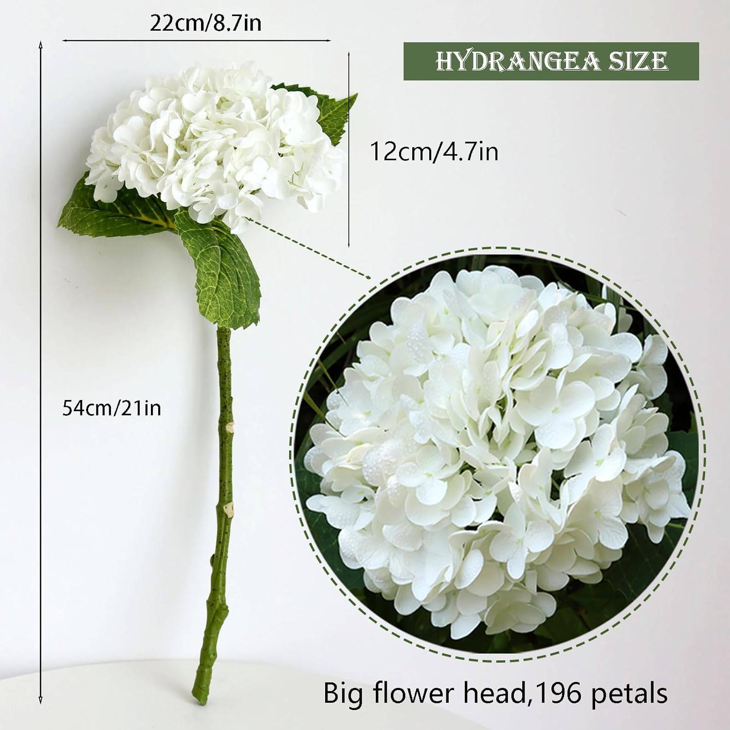 2Pcs Long Stem Big Size Flowers Artificial Silk Hydrangea Lifelike Flowers Real Touch White Artificial Flowers Wedding Shower Bride Bouquets Office Living Room Table Decorations (21 Inch)