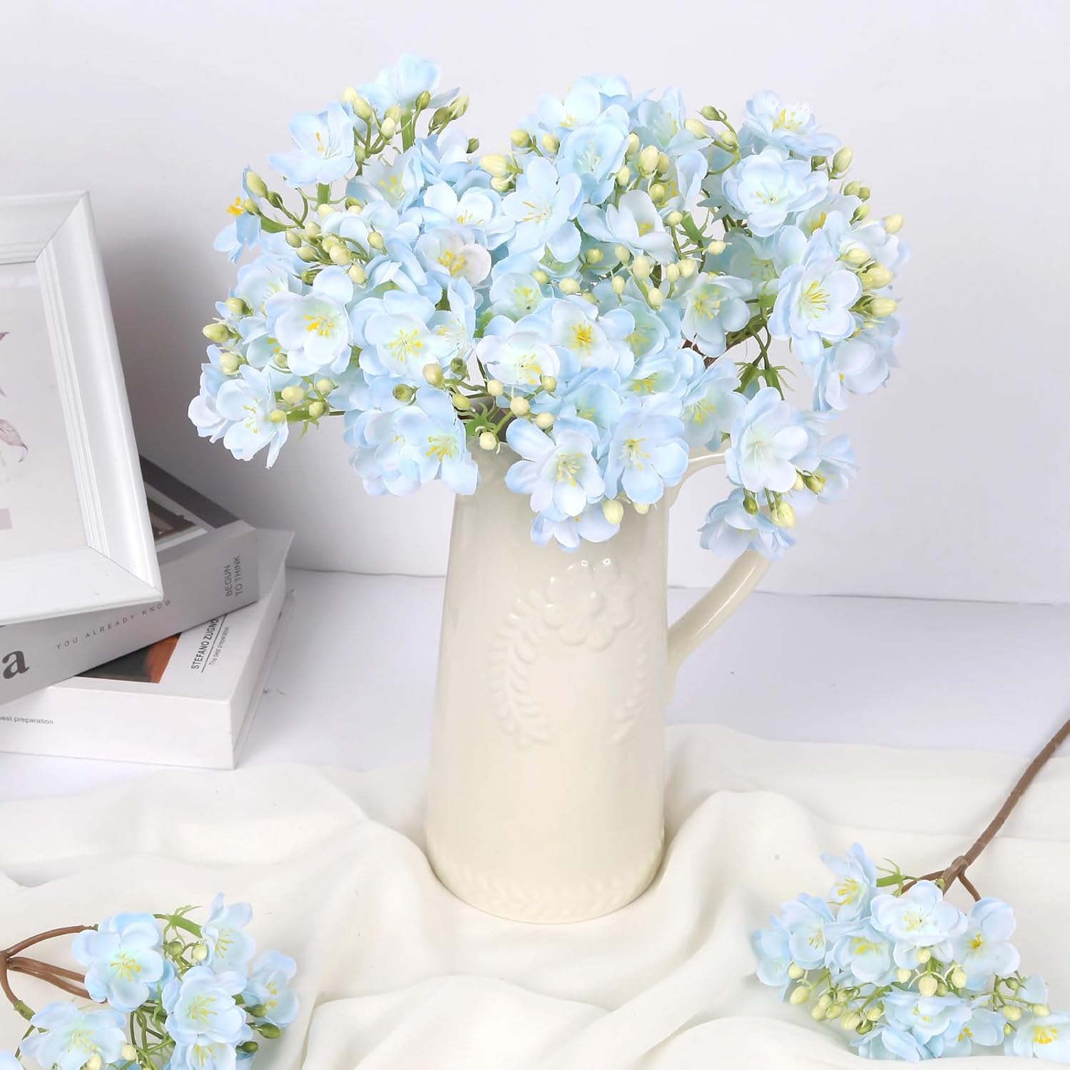 Blue Artificial Flowers For Decoration 2 Bouquets Fake Forsythia Flower 8Pcs Lifelike Jasmine Silk Flowers For Wedding Centerpiece Jasmine Flower Bouquet Garden Home Party Decor(Blue)