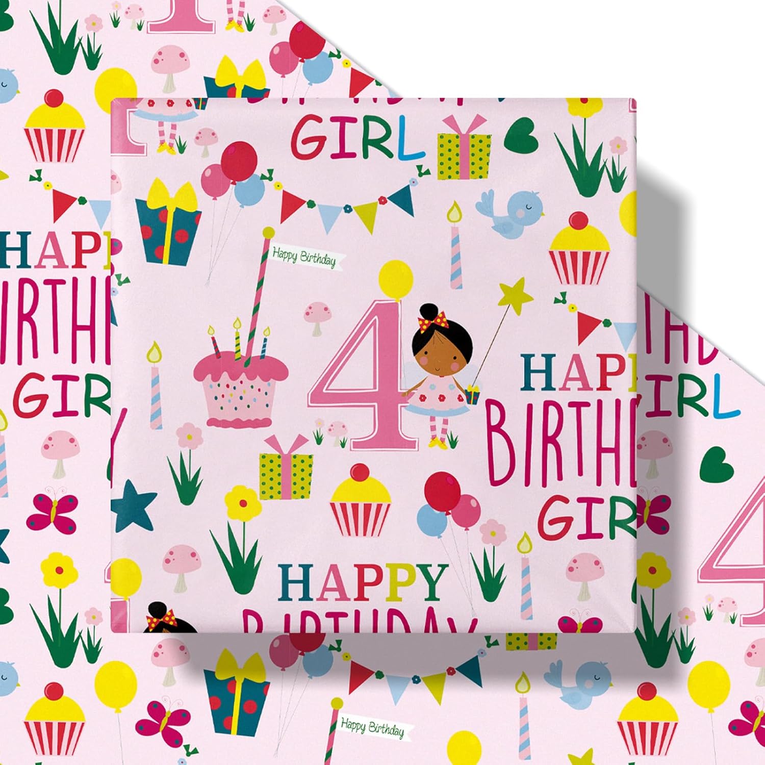 Happy 4Th Birthday Wrapping Paper Roll For Girls, Mini Roll, Pink Happy Birthday Girl Pattern Design For Party And More, 17 Inches X 16.4 Feet, 4 Years Old