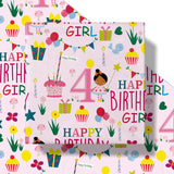 Happy 4Th Birthday Wrapping Paper Roll For Girls, Mini Roll, Pink Happy Birthday Girl Pattern Design For Party And More, 17 Inches X 16.4 Feet, 4 Years Old