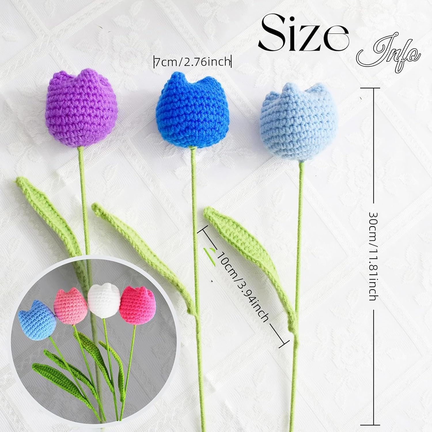 9Pc Crochet Tulips Bouquet, Knitted Flowers Set, Fake Artificial Tulip Flowers Bouquet, Table Centerpieces, Crochet Flower Gift For Women Friends Home Decoration Office Decor (9Pc Tulips)