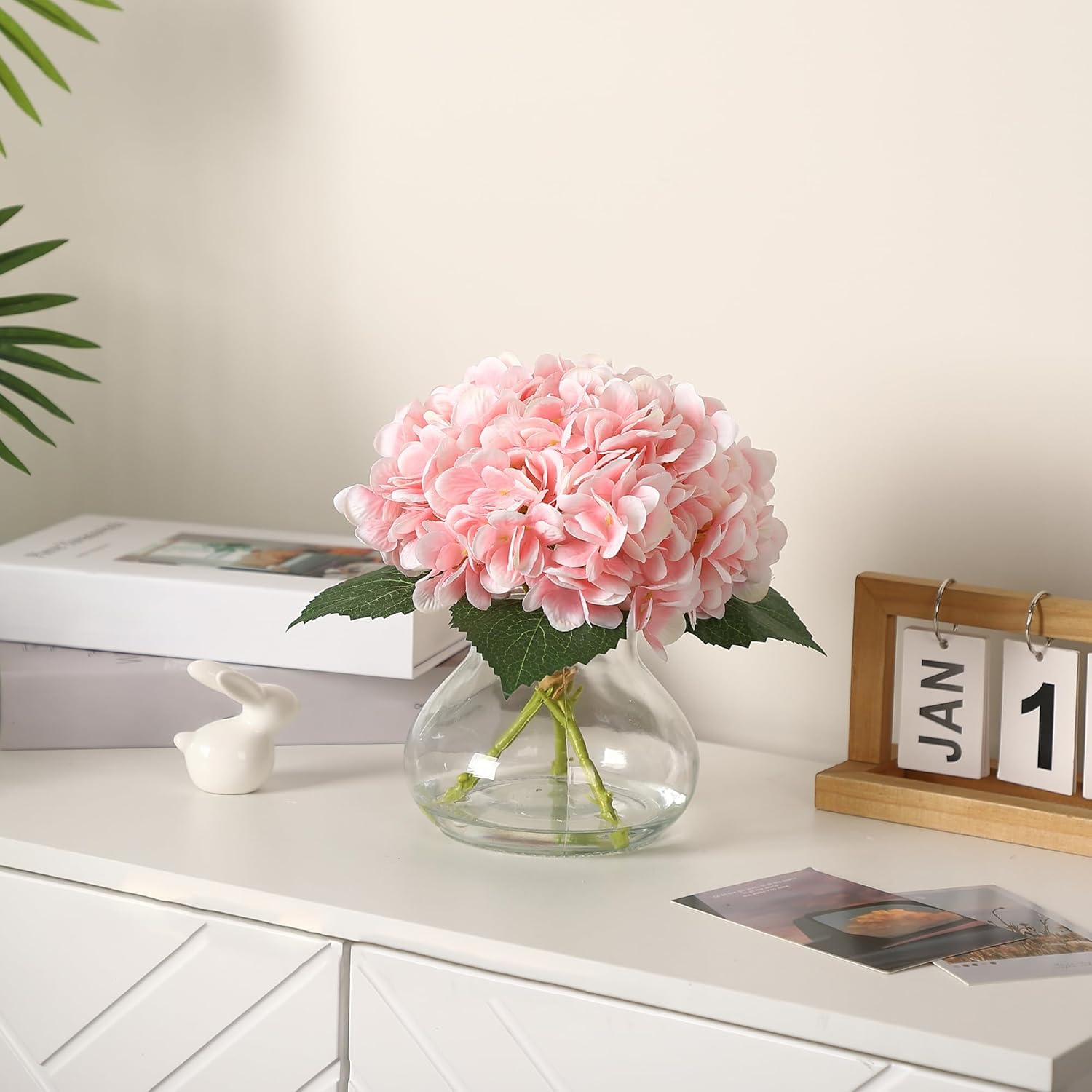 Artificial Hydrangea Flowers With Glass Vase & Fake Water - Faux Hydrangea For Home Table, Wedding Party, Office Decor | Realistic Fake Hydrangeas, Silk Flowers For Vase Arrangement (Hydrangea, Pink)