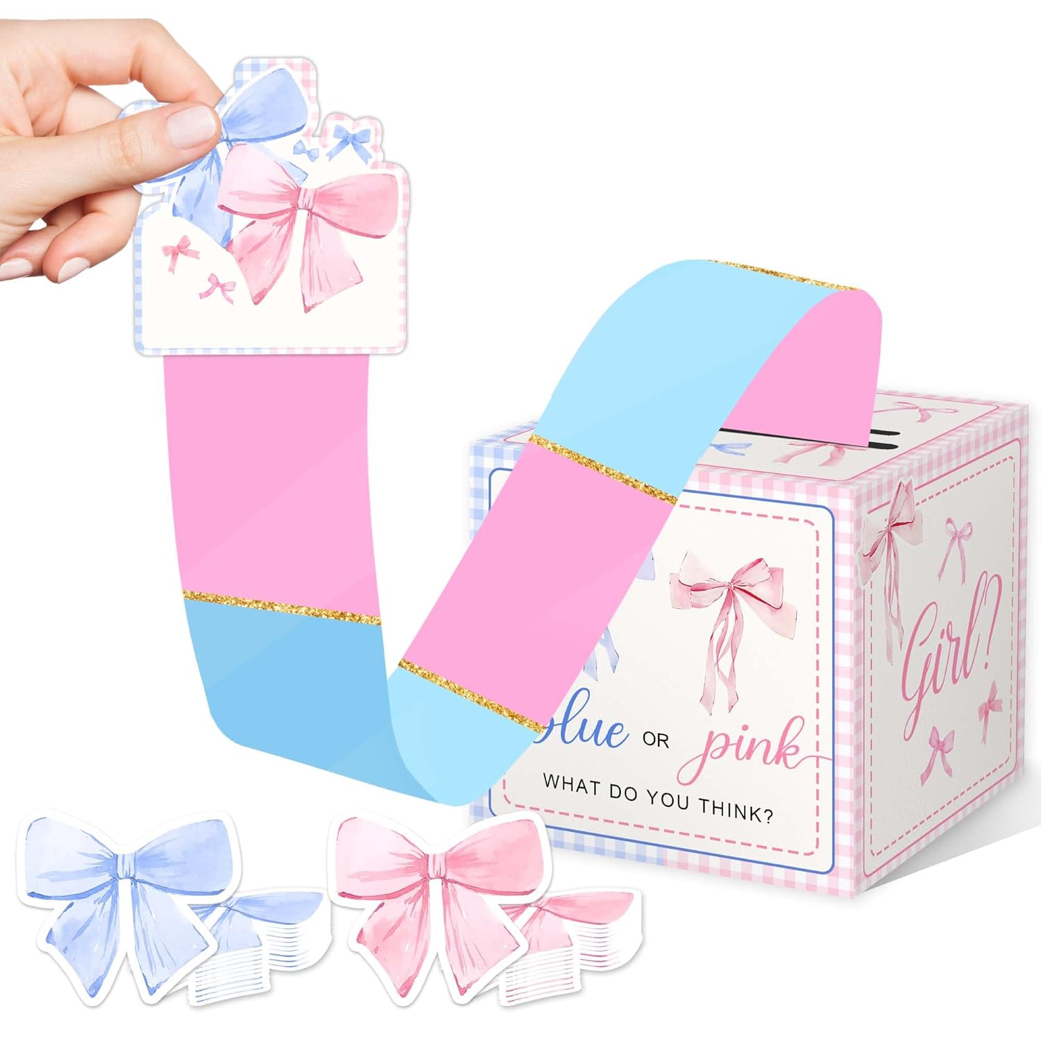 Bow Baby Shower Decoration, Gender Reveal Pull Out Game, Bow Baby Shower Game For Guests, Gender Reveal Box, Voting Box With 50 Ballot Cards, Boy Or Girl