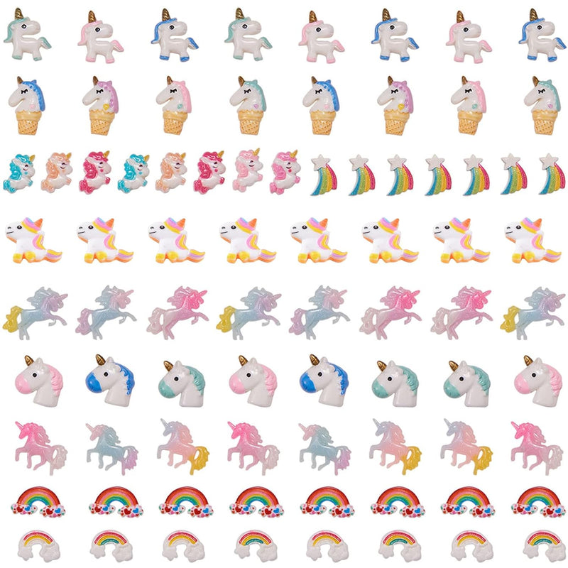 80Pcs 10 Styles Unicorn Rainbow Theme Resin Flatback Cabochons Beads Charms Fo