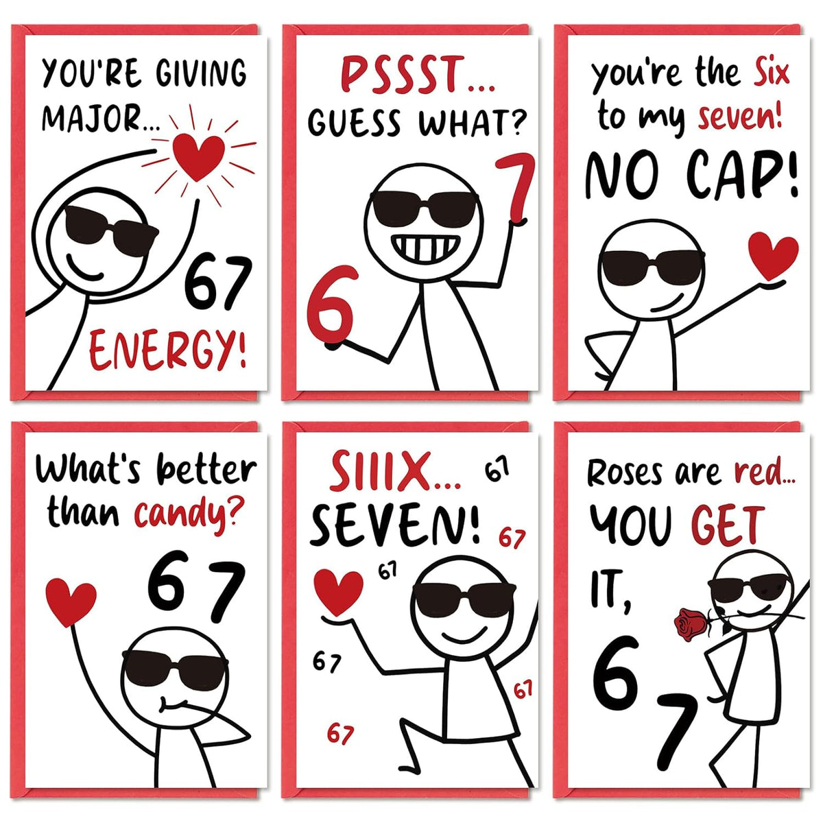 36 Pcs Funny Valentine’S Day Cards For Classroom Kids Tween, 6 7 Slang Valentines Card, Stick Figure Teen Slang Valentines Cards With Envelopes & Stickers