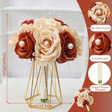 Wedding Bridesmaid Bouquet Set Of 4 - Artificial Flowers Bouquets For Bridesmaids Pre-Made 7 Inch Faux Small Floral Bouquets Bridal Shower, Wedding, Ceremony, Anniversary - Champagne & Burnt Orange