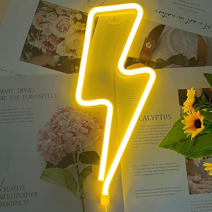 Lightning Bolt Neon Sign Yellow LED Wall Light USB/Battery Powered Kids Room Decor