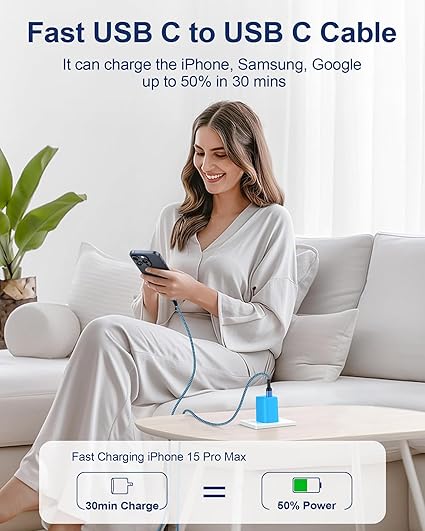 10FT USB C to USB C Fast Charging Cable for iPhone 17 16 15 iPad Samsung Galaxy Pixel Braided