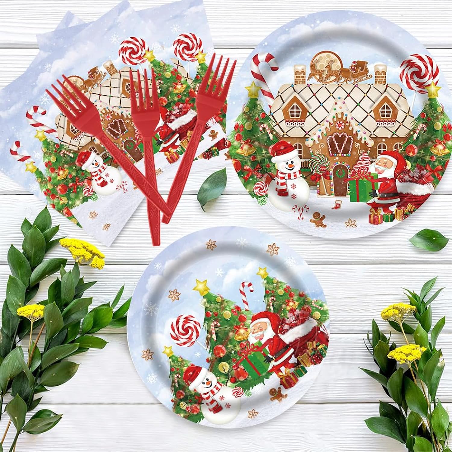 Christmas Santa Claus Gingerbread House Snowman Tableware Set 96 Pcs Disposable Plates Napkins Forks Winter Xmas Happy Birthday Merry Christmas Party Decorations Serve 24 Guests