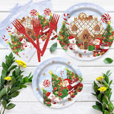 Christmas Santa Claus Gingerbread House Snowman Tableware Set 96 Pcs Disposable Plates Napkins Forks Winter Xmas Happy Birthday Merry Christmas Party Decorations Serve 24 Guests
