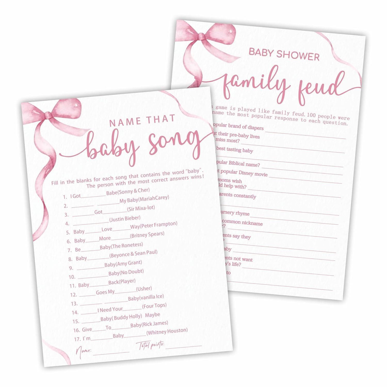 5"X 7" Baby Shower Games Kit, 30 Pcs Pink Bow Baby Song & Family Feud Two-In-One Game Cards With Answer Card, For Parents-To-Be, Baby Announcement, Gender Reveal, Party Favor & Decorations - F05