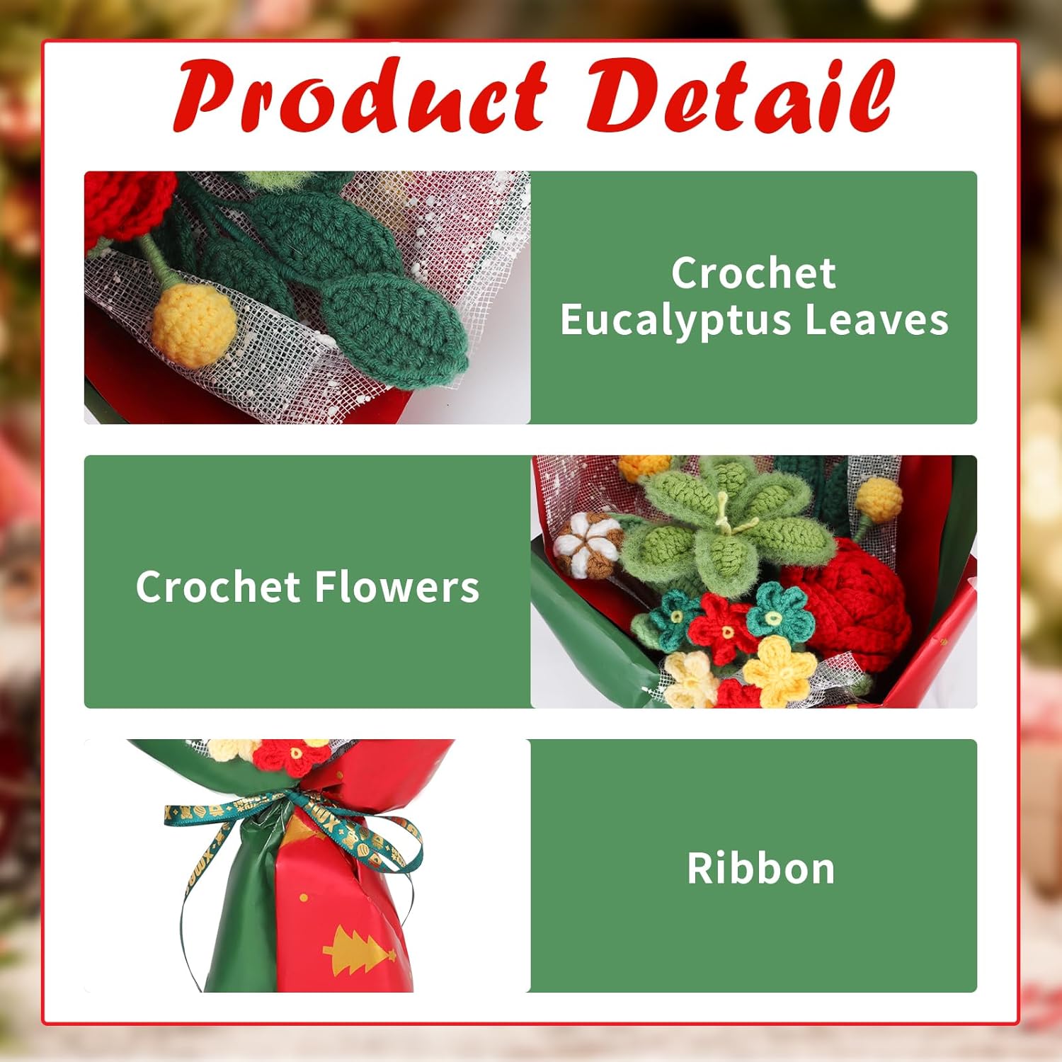 Christmas Crochet Flower Bouquet, Handmade Knitted Flowers Christmas Bouquet With Exquisite Wrap Crochet Flower Arrangements For Xmas Home Party Holiday Decor