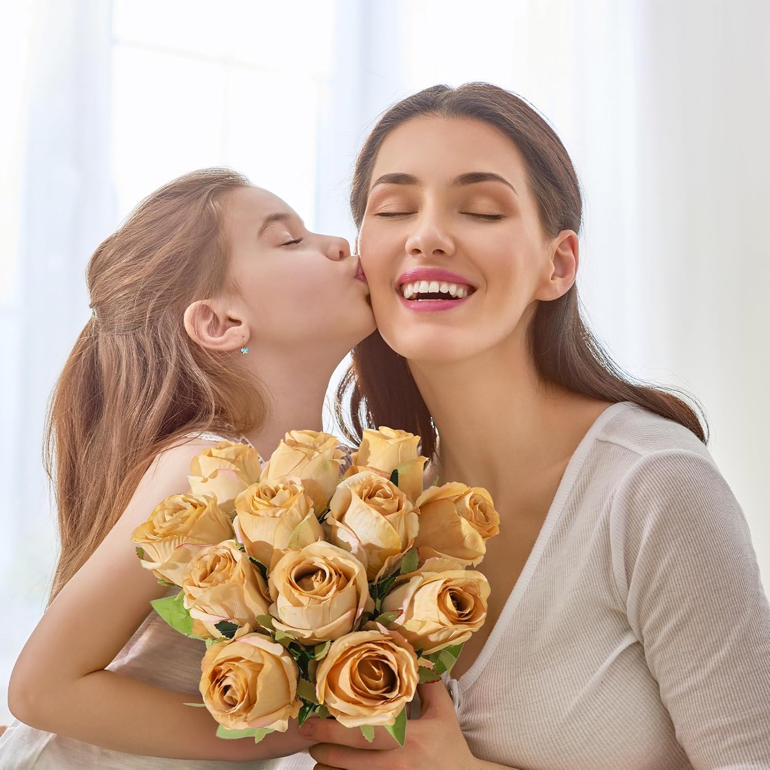 12Pcs Realistic Fake Champagne Roses Faux Flowers With Long Stems, Artificial Silk Rose Flowers For Valentines Day Home Wedding Decor Bridal Bouquet