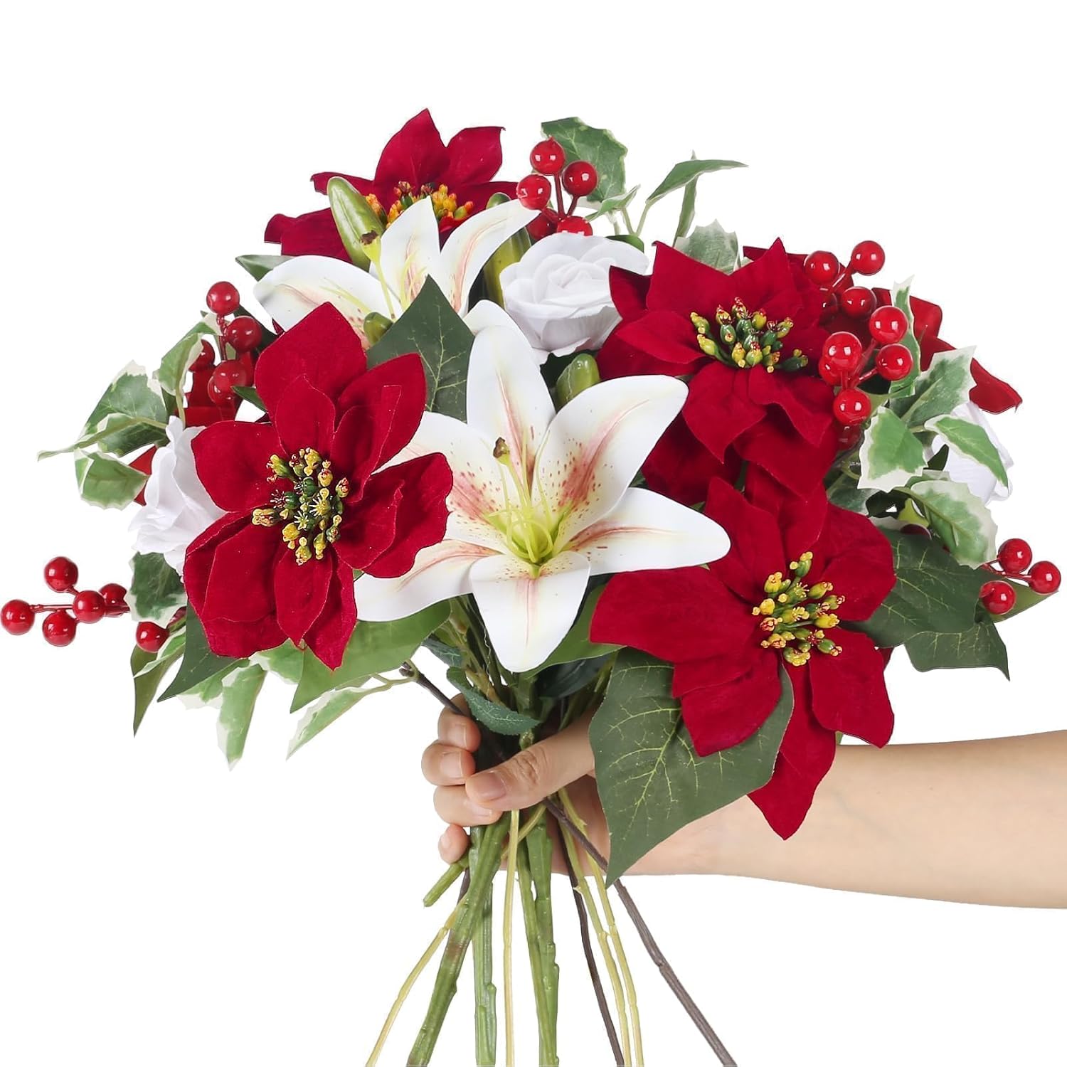 Poinsettias Artificial Christmas Flowers Cemetery Silk Christmas Floral Arrangements With Lily Rose Red Holly Berries Winter Flowers Christmas Picks For Xmas Home Vase Table Grave