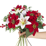 Poinsettias Artificial Christmas Flowers Cemetery Silk Christmas Floral Arrangements With Lily Rose Red Holly Berries Winter Flowers Christmas Picks For Xmas Home Vase Table Grave