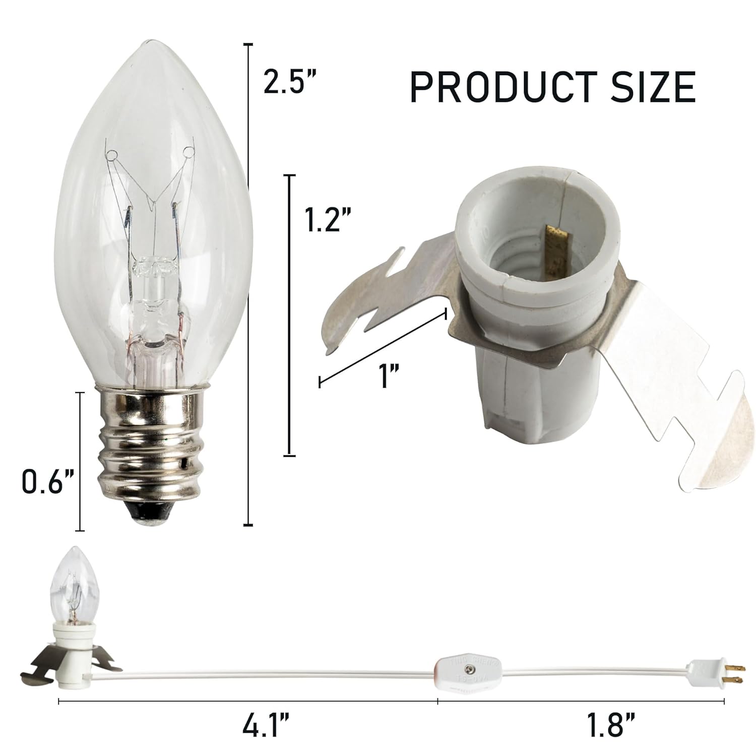 4 Pack 6 Ft Accessory Cord With Incandescent Light Bulb E12 Socket White Cord With On/Off Switch Plug, C7 Candelabra Lig