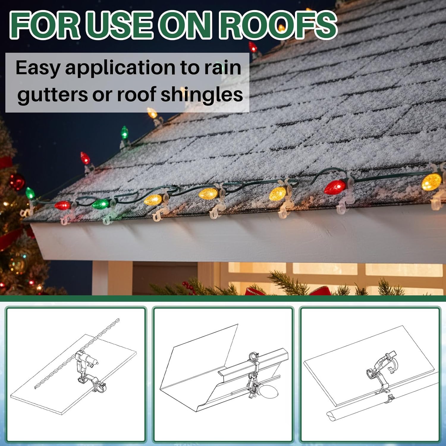 100 Pcs Christmas Multi-Directional Gutter Light Clips Plastic Shingle Roof Clips With Four Locking Positions Fits C7 C9, Icicle, Rope Miniature String Light For Christmas Outdoor Decor