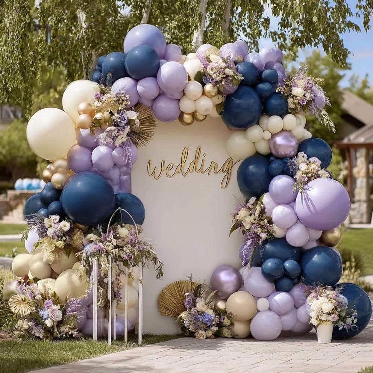 Navy Blue Purple Balloon Arch Double Stuffed, Dark Blue Pastel Lavender White Sand Ivory Balloon Garland Kit With Clear Bobo Metallic Lilac Latex For Baby Shower Wedding Birthday Valentine Party Decor