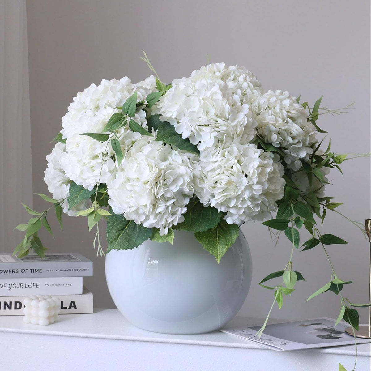 4Pcs 21" Faux White Hydrangeas Artificial Flowers, Real Touch Silk Hydrangea Flowers With Stems For Bridal Wedding Bouquet Party Home Decor