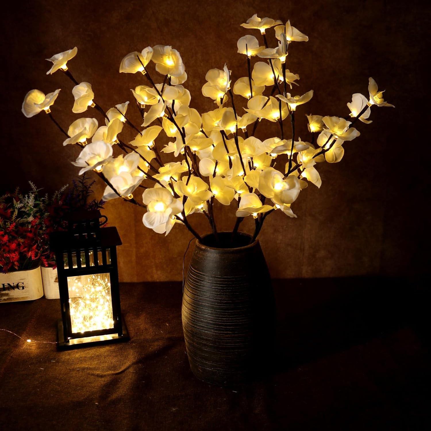 3Pcs Led Lighted Tree Branches Lights With Timer With White Artificial Orchid Flowers Home Decor, Battery Operated, Decorative Fairy Spirit Tree Lamp For Vase Table Centerpieces Party Christmas