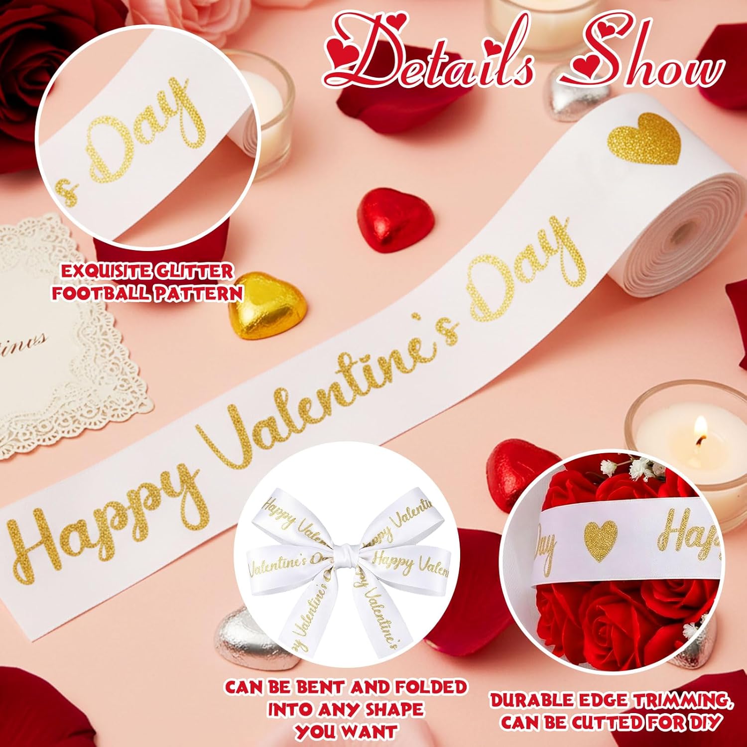 10 Yards Happy Valentine'S Day Ribbon Glitter White Gold Heart Ribbon Craft For Hair Bow Wreath Crafts Gift Wrapping Flower Bouquet Anniversary Wedding Decor Birthday Party Supply(2 Inch)