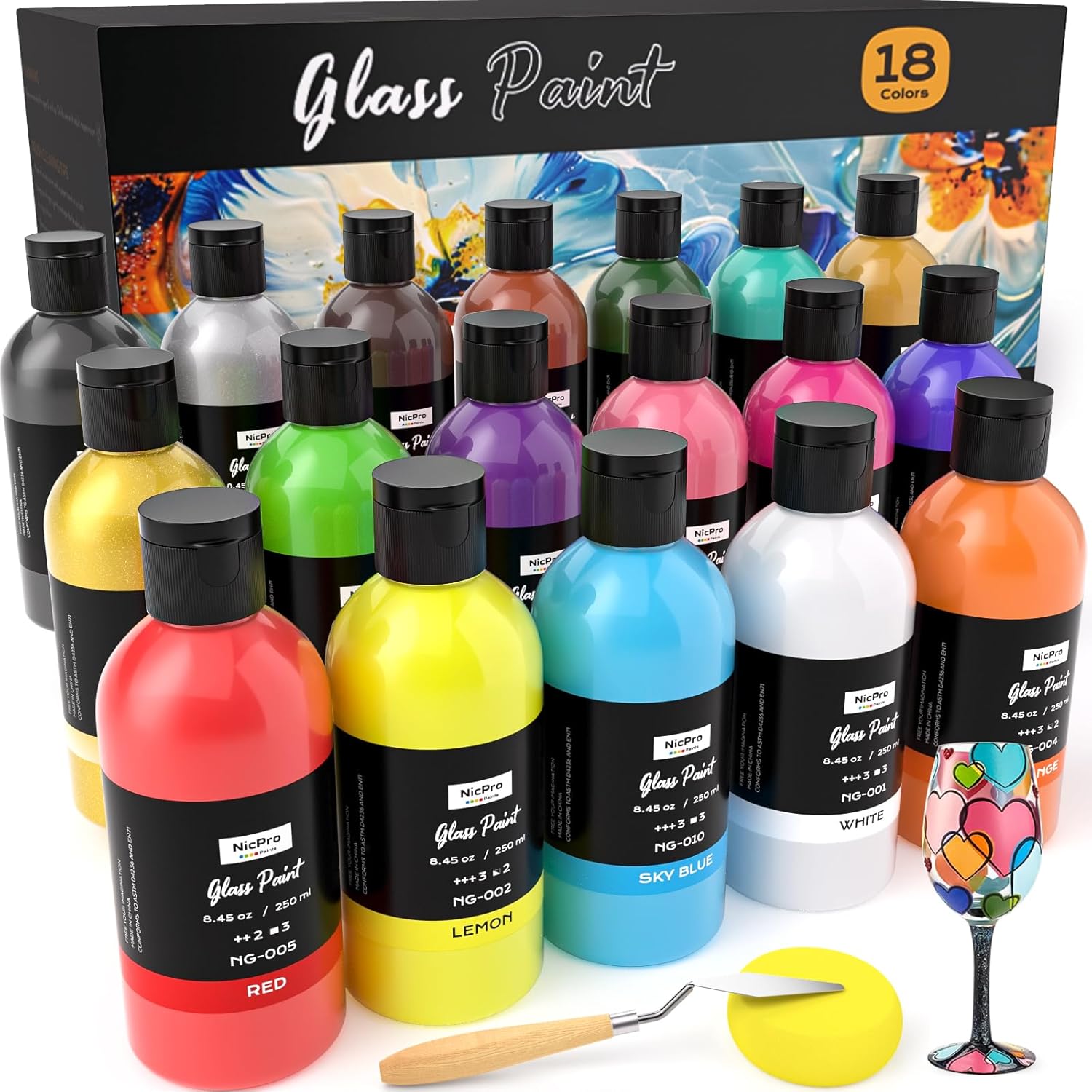 18 Colors Acrylic Glass Paint Set (8.45 Oz, 250 Ml) Large Bulk Enamel & Ceramic Painting Supplies Kit For Wine Bottle Glass Jars Windows With Sponge & Art Knife, Opaque Gloss Finish