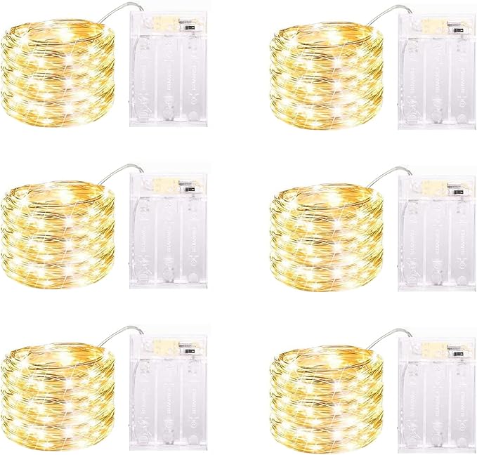 6 Pack Battery Operated Fairy Lights 13FT 40 LED Warm White String Lights with Timer Waterproof Silver Wire Firefly Lights for Wedding Party Decor