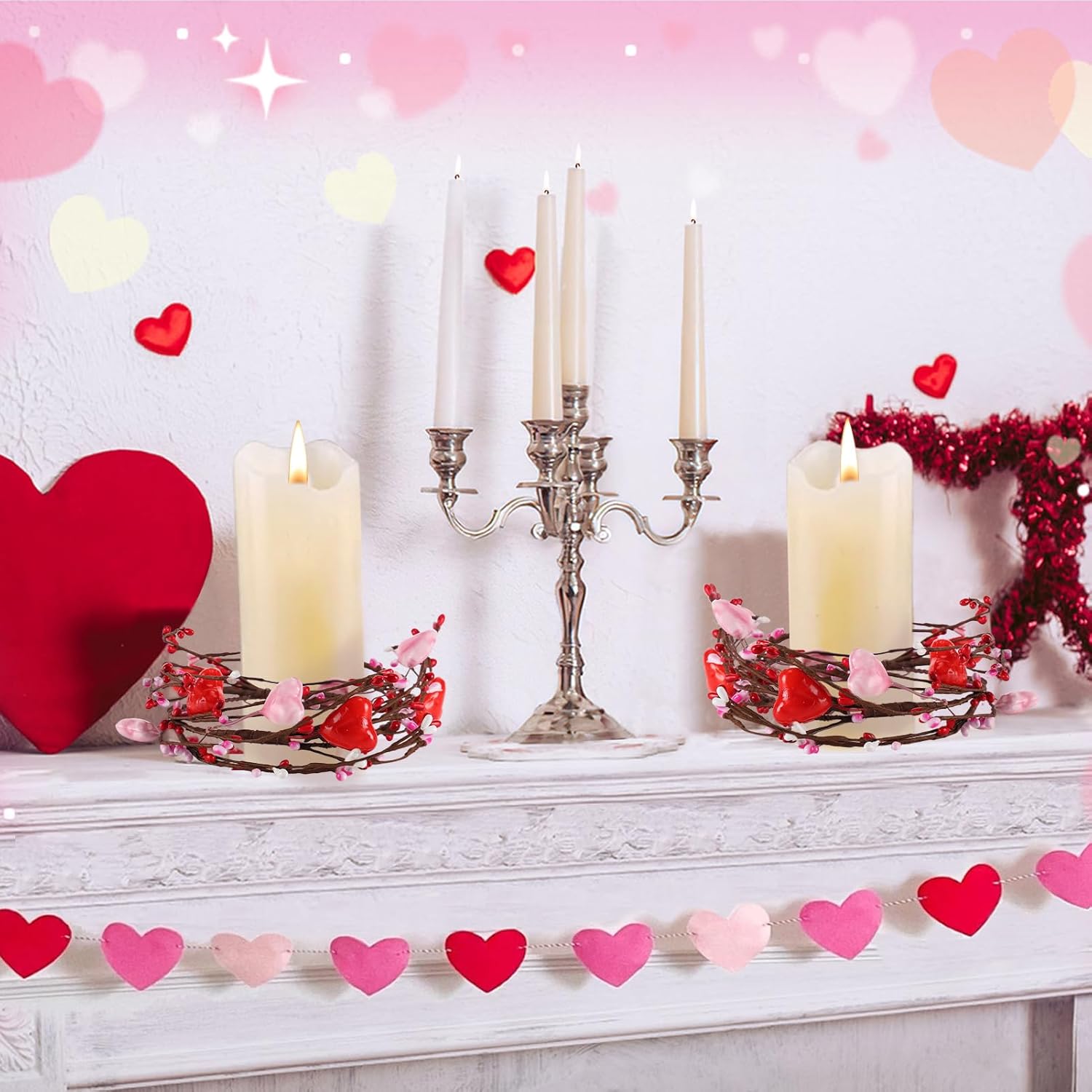 Valentine Candle Rings - 4.3 Inches Valentines Decor Candle Wreaths With Love Hearts, Valentines Table Centerpieces For Party Wedding Windows Tabletop Decoration, 4Pcs