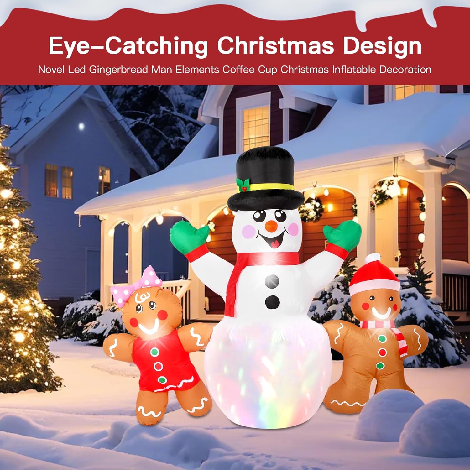 7Ft Christmas Inflatables Decorations Outdoor?Blow Up Christmas Snowmen And Gingerbread Men With Built-In Leds Lights Fo