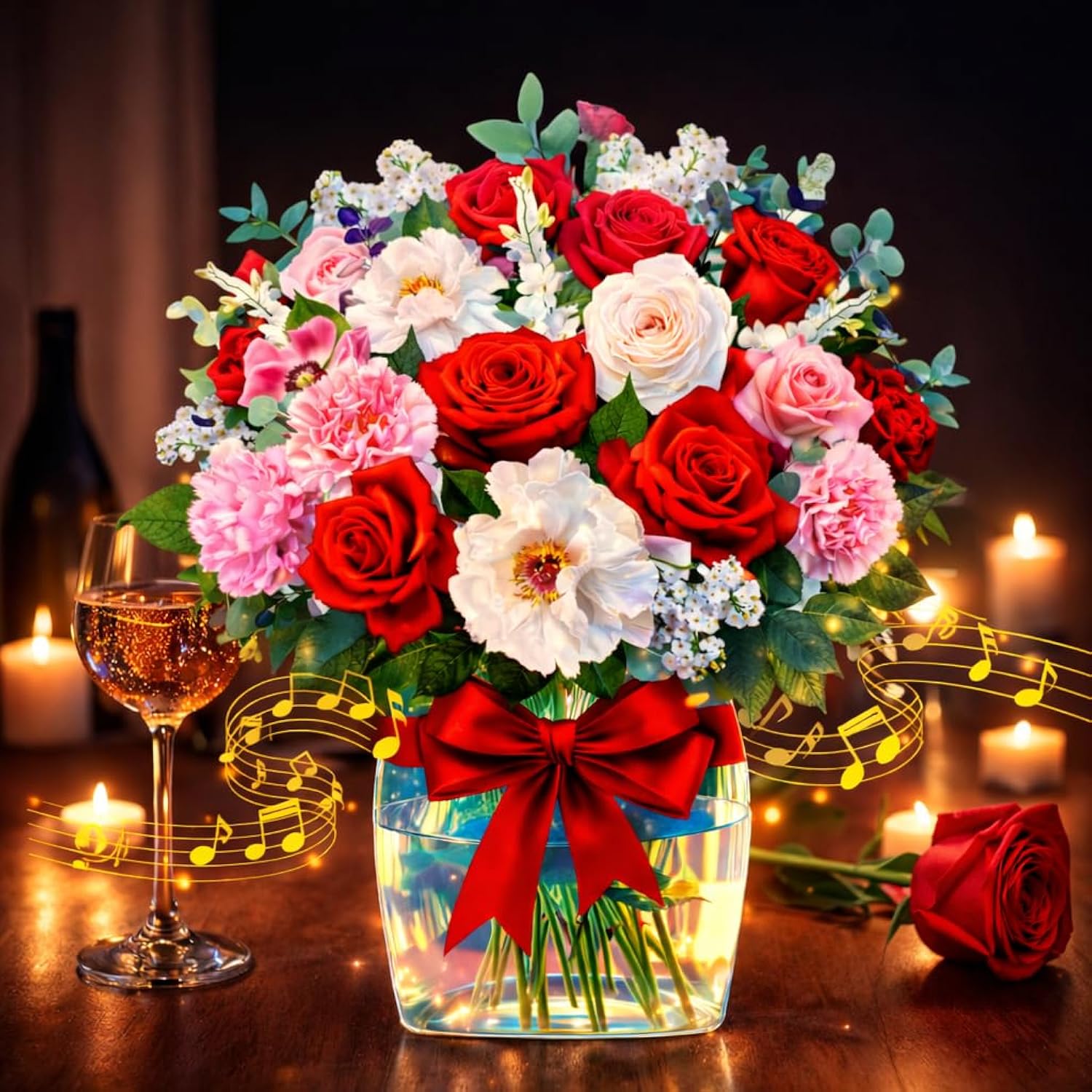 Rose Card With Music And Light, Valentine Card With Roses, Flower Bouquet 3D Gift Card, Valentines Day Gifts Mothers Day Gifts For Women Mom Wife(Rose)