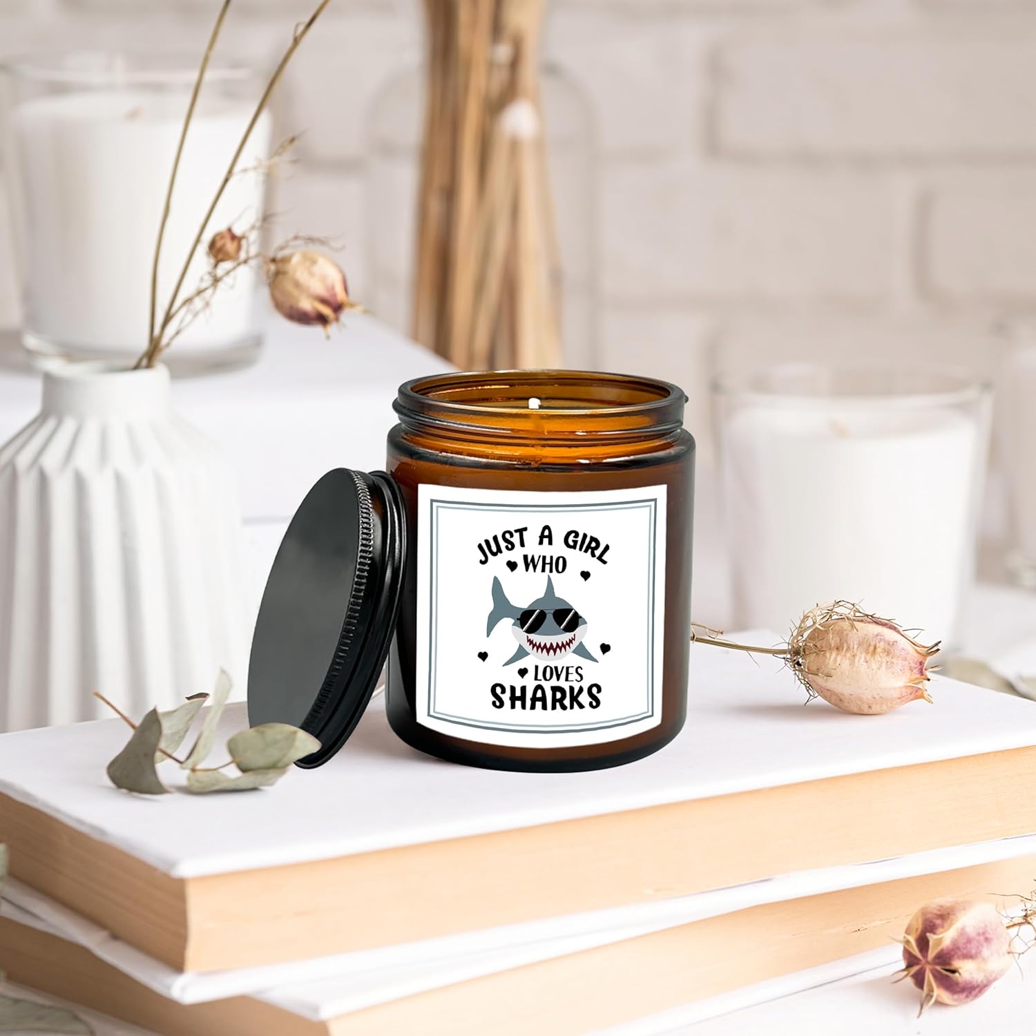 Just A Girl Who Loves Sharks Scented Candle, Shark Gifts For Lovers, Soy Candle For Home Decor, 8Oz Holder