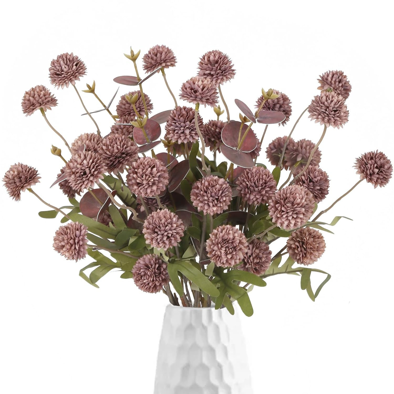 Faux Silk Pompom Mum Artificial Flowers,8 Stems Purple Fake Kiku Flower With 3 Branches Real Touch Eucalyptus Stems For Wedding Bouquet Home Party Floral Arrangements(Purple)