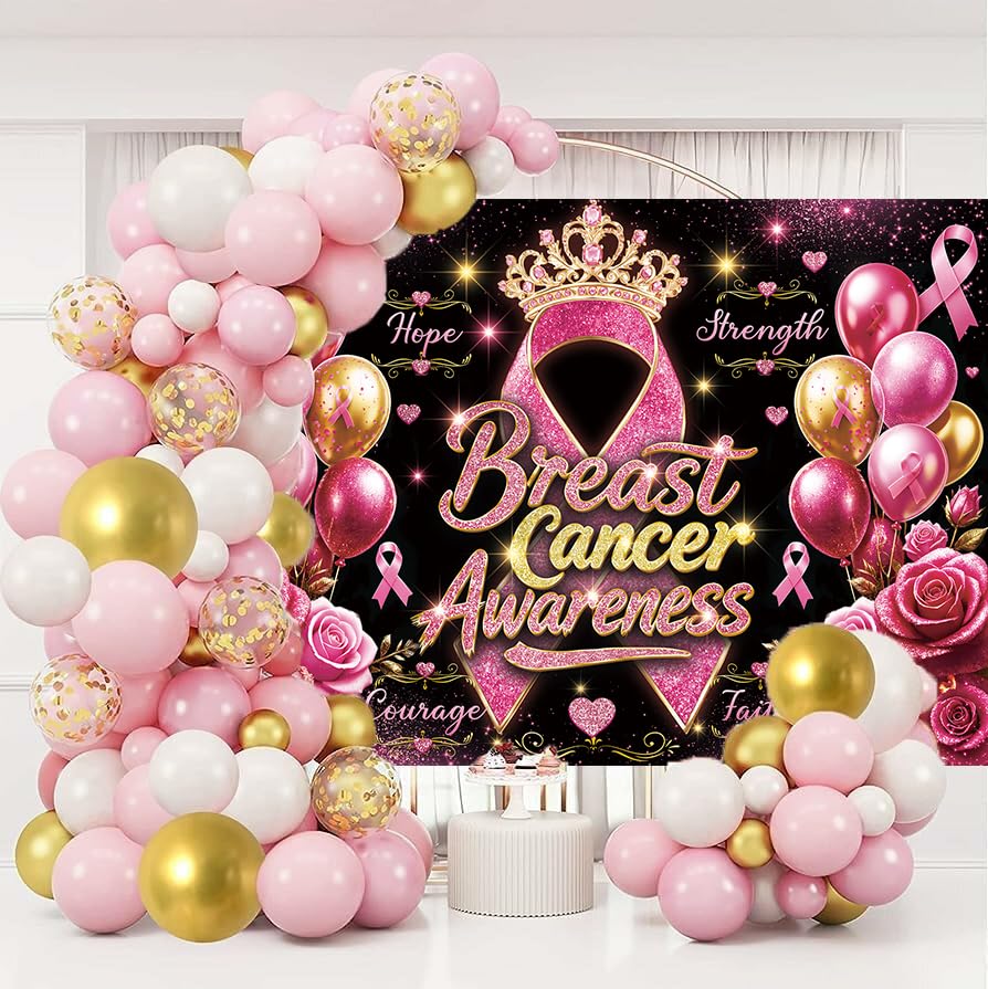 Breast Cancer Awareness Backdrop Pink Ribbon Crown Rose Gold Balloon Background Hope Faith Strength Charity Event Photo Booth Props 7x5FT