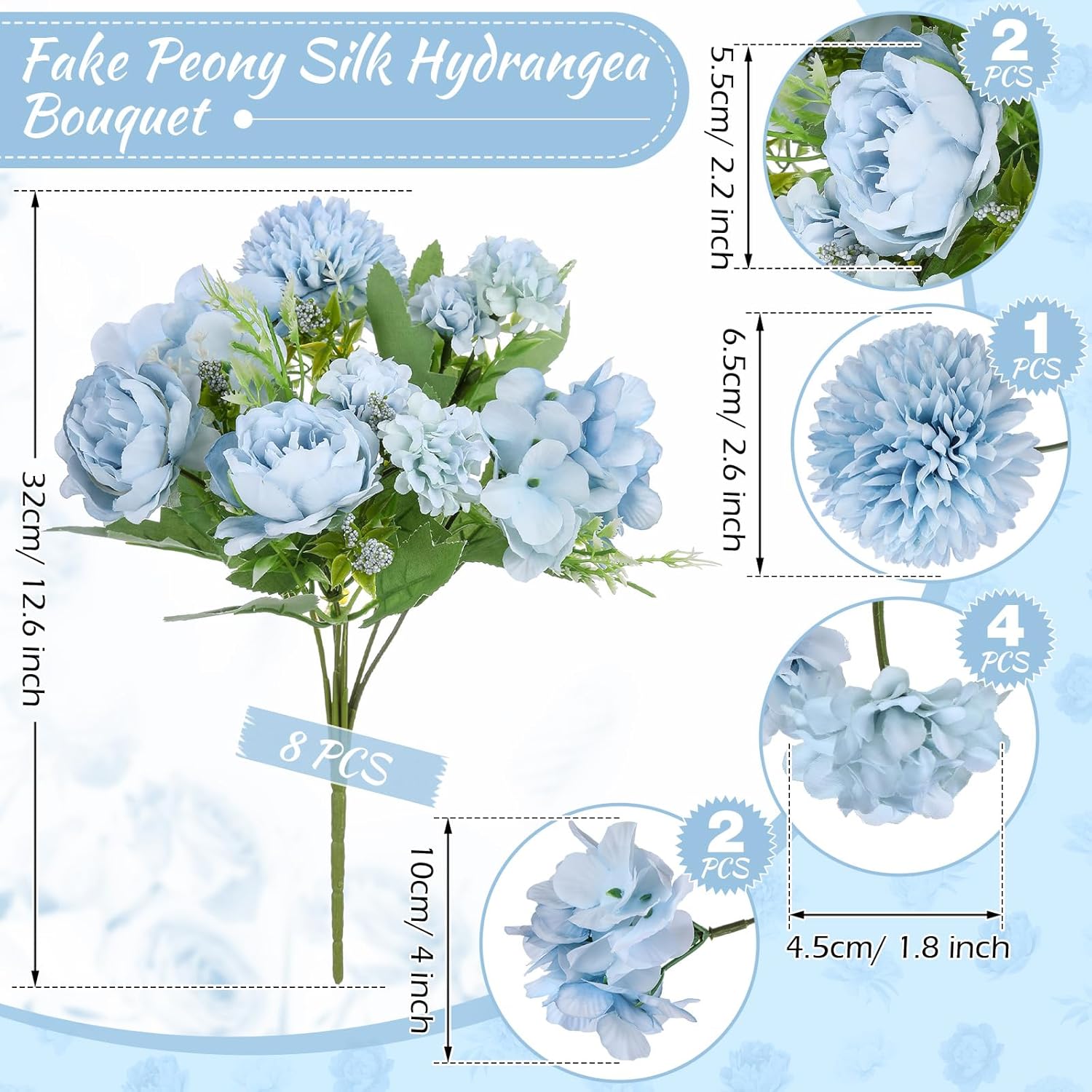 8 Pcs Peony Artificial Flowers Fake Silk Hydrangea Bouquet Elegant Peony Flowers For Wedding Decoration Faux Realistic Floral For Home Party Table Centerpieces Arrangement (Blue)