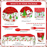 194Pcs Christmas Paper Plates And Napkins - Merry Christmas Party Decorations - Plates, Cup, Napkins, Cutlery, Tablecloth - Disposable Tableware For 24 Guests