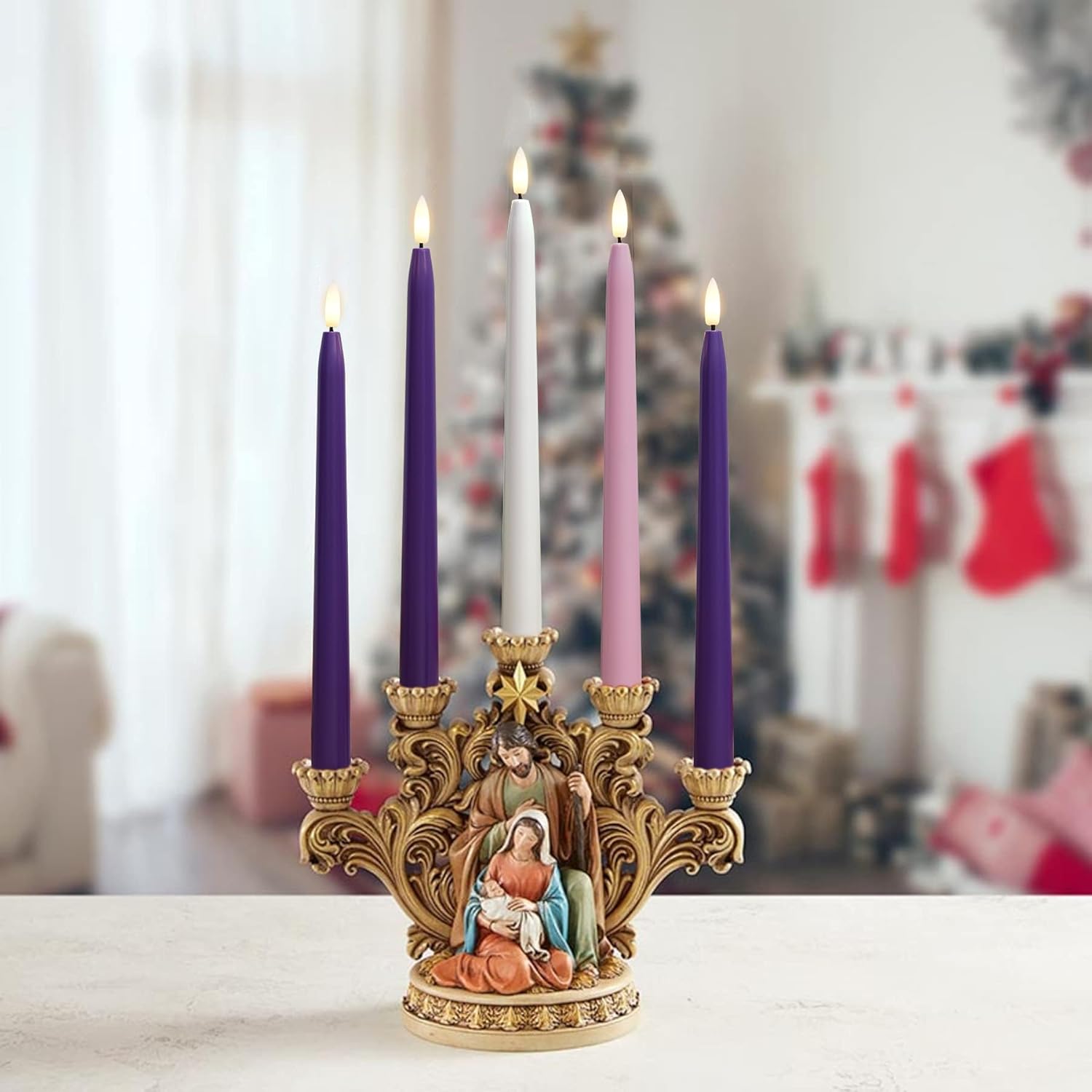 Flameless Advent Candles, Set Of 5 - Flickering Led Flame, 11 Inch Taper Candlesticks, Remote Controlled - 3 Purple, 1 Pink, 1 White For Christmas Wreath