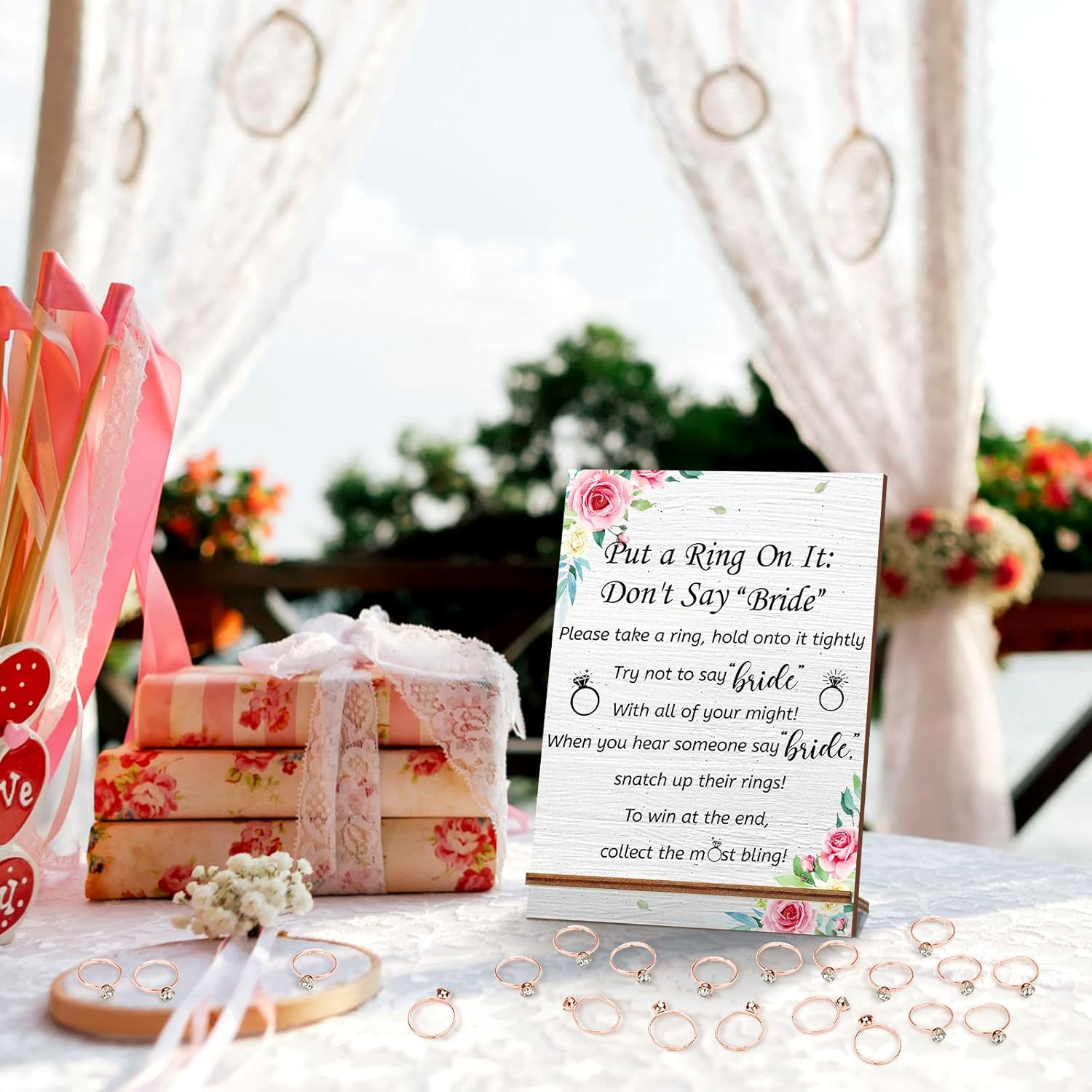 Put A Ring On It Bridal Shower Game With 100 Pcs Fake Rings Bridal Shower Games Wooden Wedding Signs Don'T Say Bride Rules Popular Wedding Engagement Party Favors For Guests(Rose Gold)