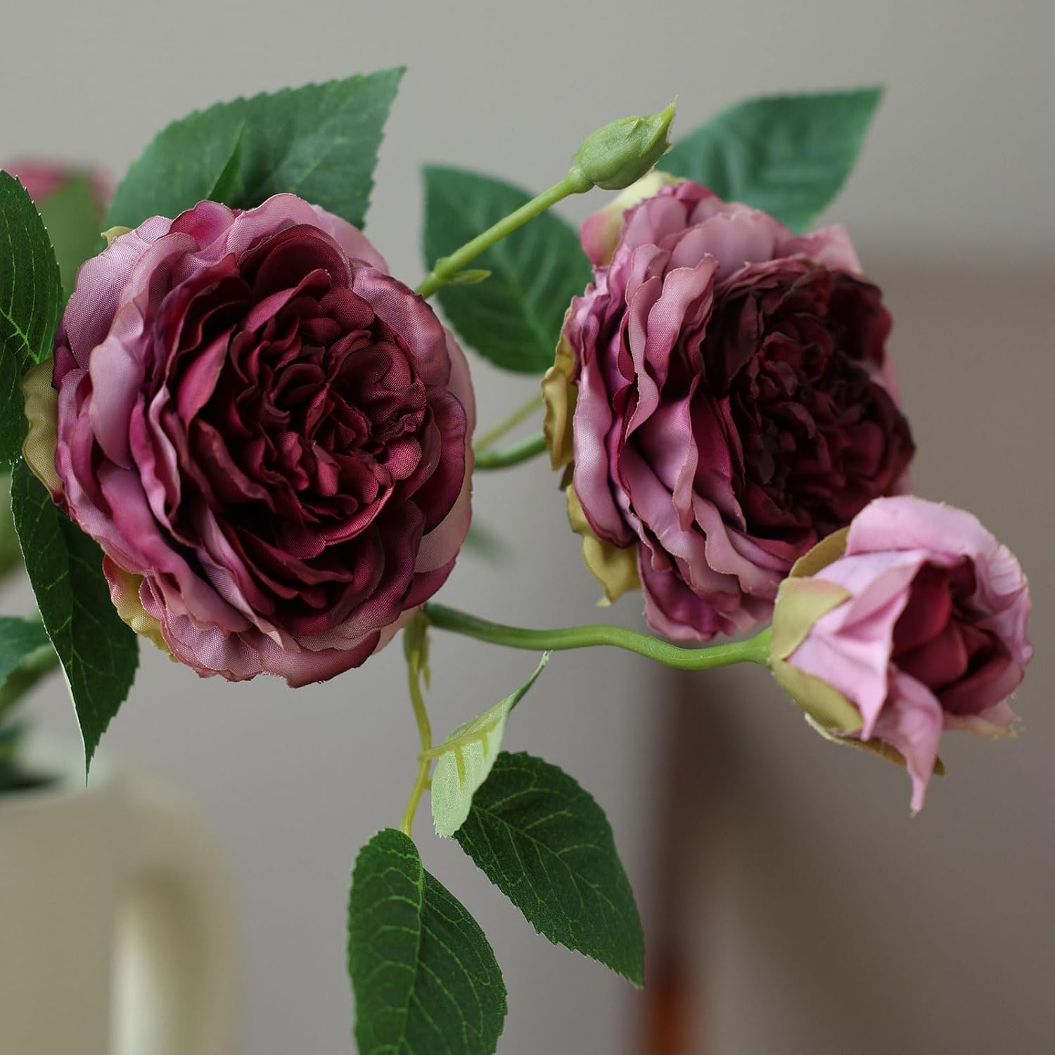 4Pcs Burgundy Artificial Roses Flowers Fake Silk Rose Flower With Leaves Stems Realistic Faux Floral Arrangement Decorations For Wedding Table Centerpieces Vase Home Decor (Burgundy)