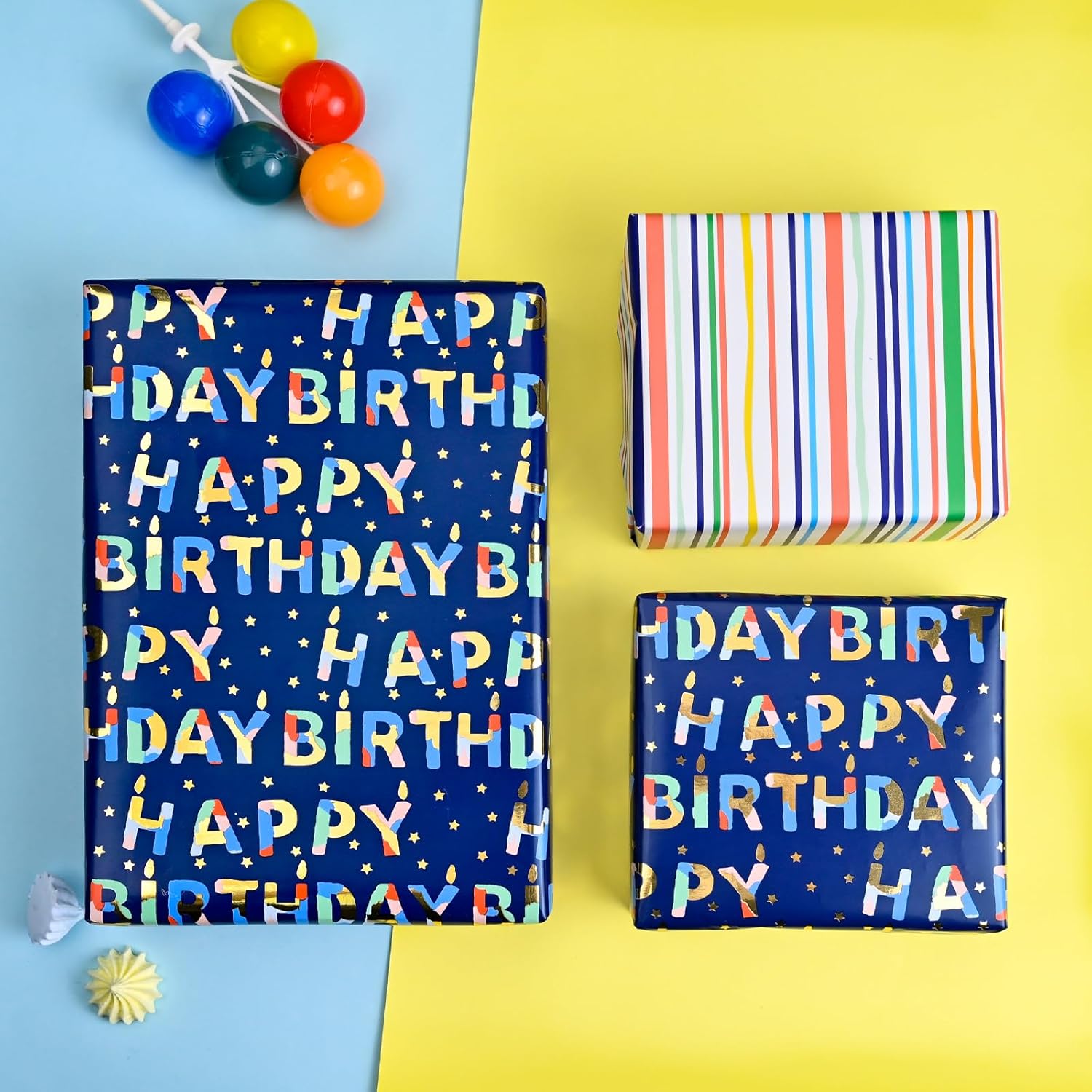 Blue Birthday Wrapping Paper Roll Reversible-Metallic Foil Colorful Birthday Lettering On Navy Blue Gift Wrapping Paper For Boys Girls Birthday,Baby Shower, Party(17 In X 32.8 Ft)