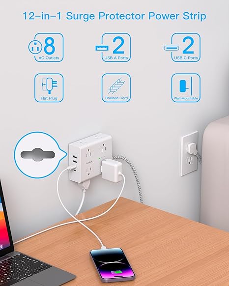 15FT Surge Protector Power Strip with 8 Outlets 4 USB Ports 2 USB C Flat Plug Extension Cord