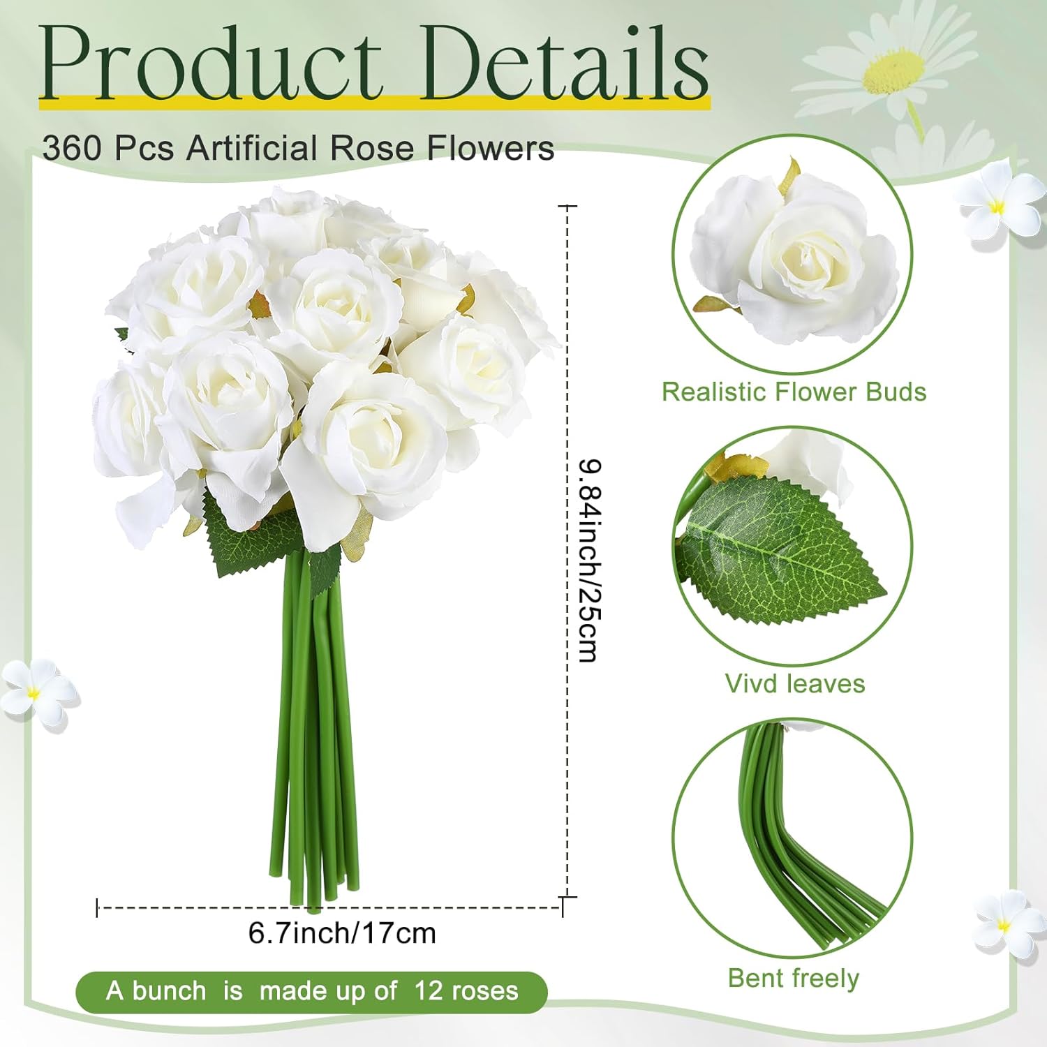 360 Pcs 30 Bouquets Artificial Roses Flowers Bulk Fake Roses Flower Bouquets Realistic Silk Faux Rose With Stems For Wedding Home Table Party Decorations(White)