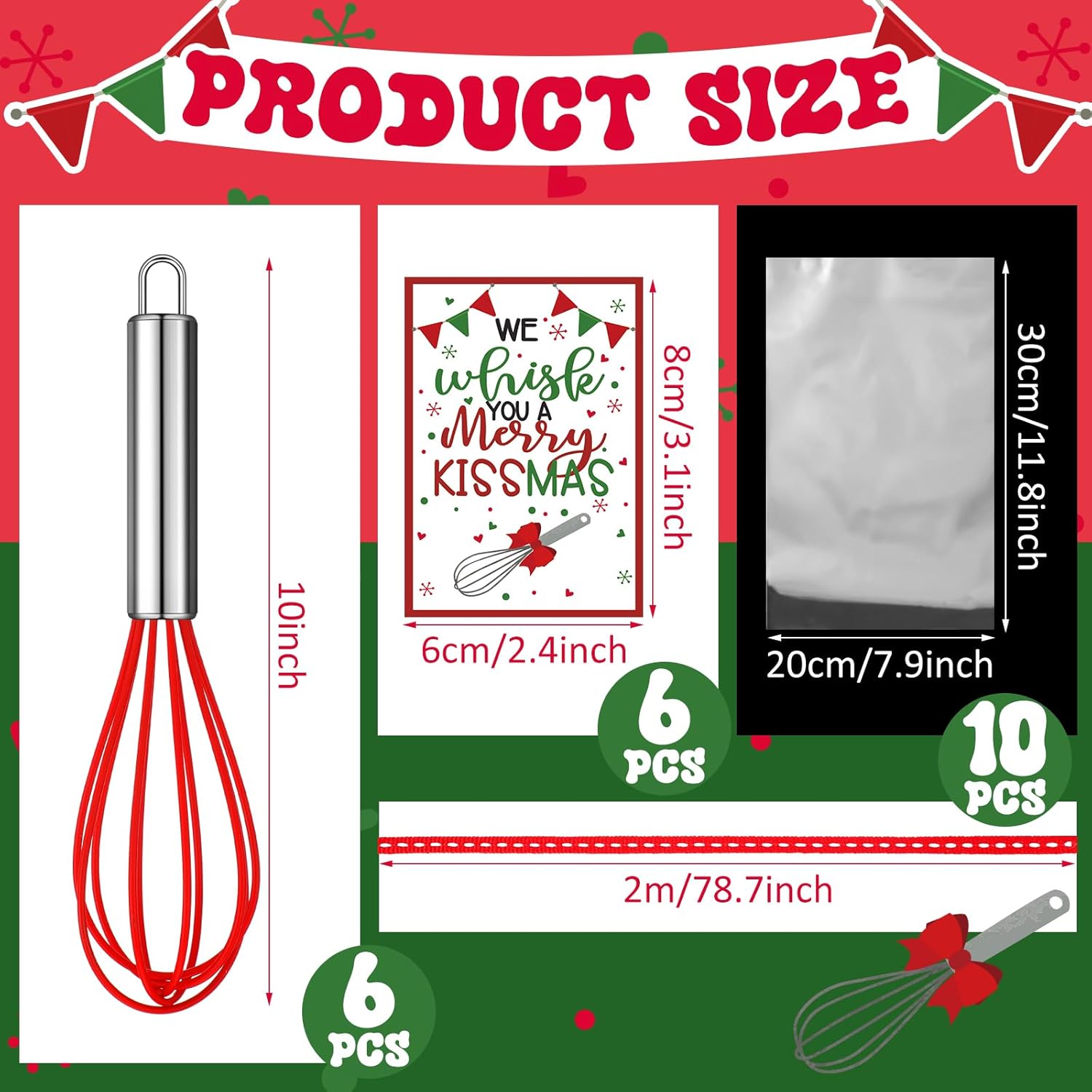 6 Sets 10 Inch Christmas Whisk Baking Gifts Sets Includes Stainless Steel Whisk Greeting Cards Ribbon And Plastic Bags For Neighbor Family Cooking Supplies Christmas Stocking Stuffers Ideas