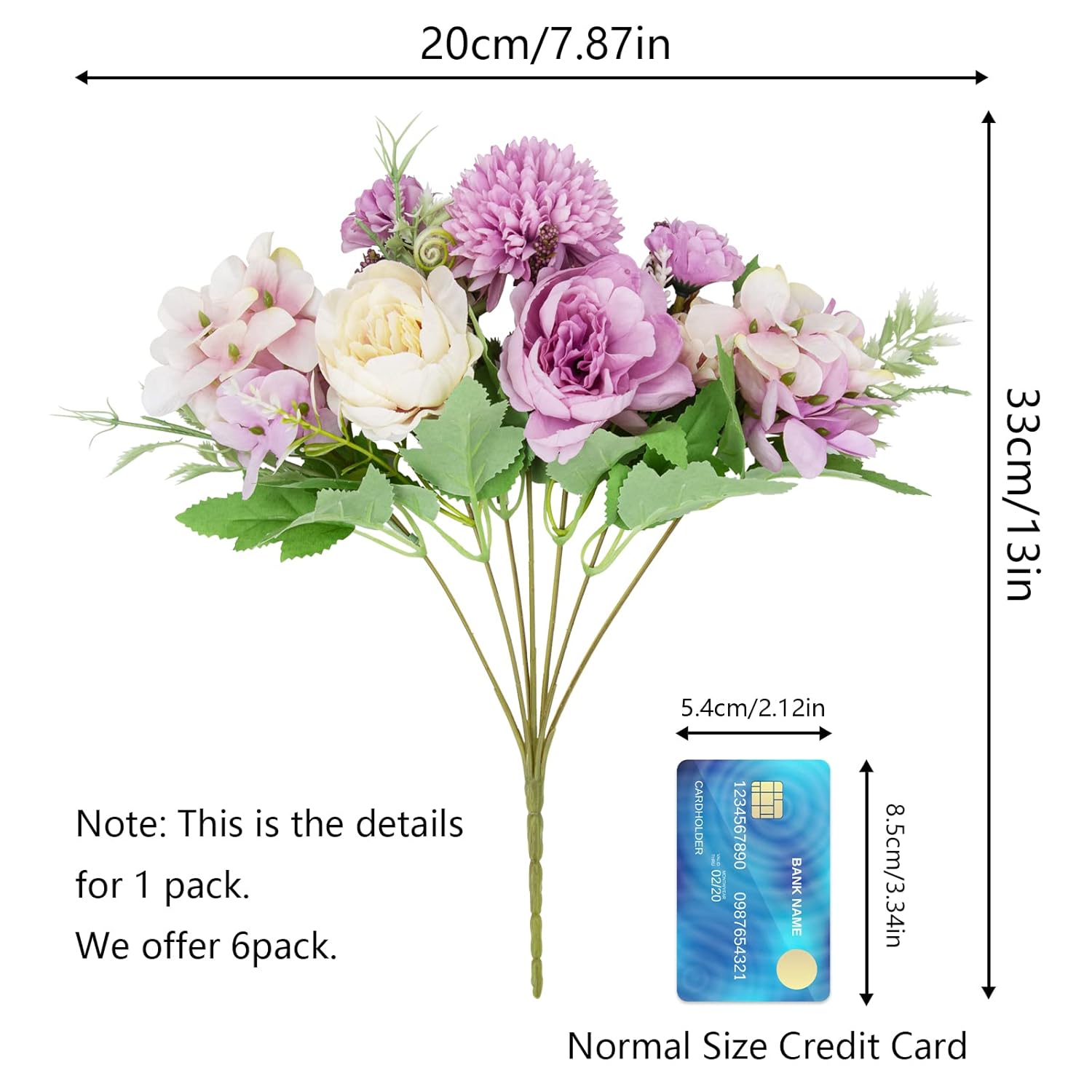 6 Pack Artificial Flowers, Fake Faux Peony Silk Hydrangea Plastic Carnations Daisy Realistic Flower Arrangements For Wedding Decoration Table Centerpieces, For Home Office Party Decor (Purple)