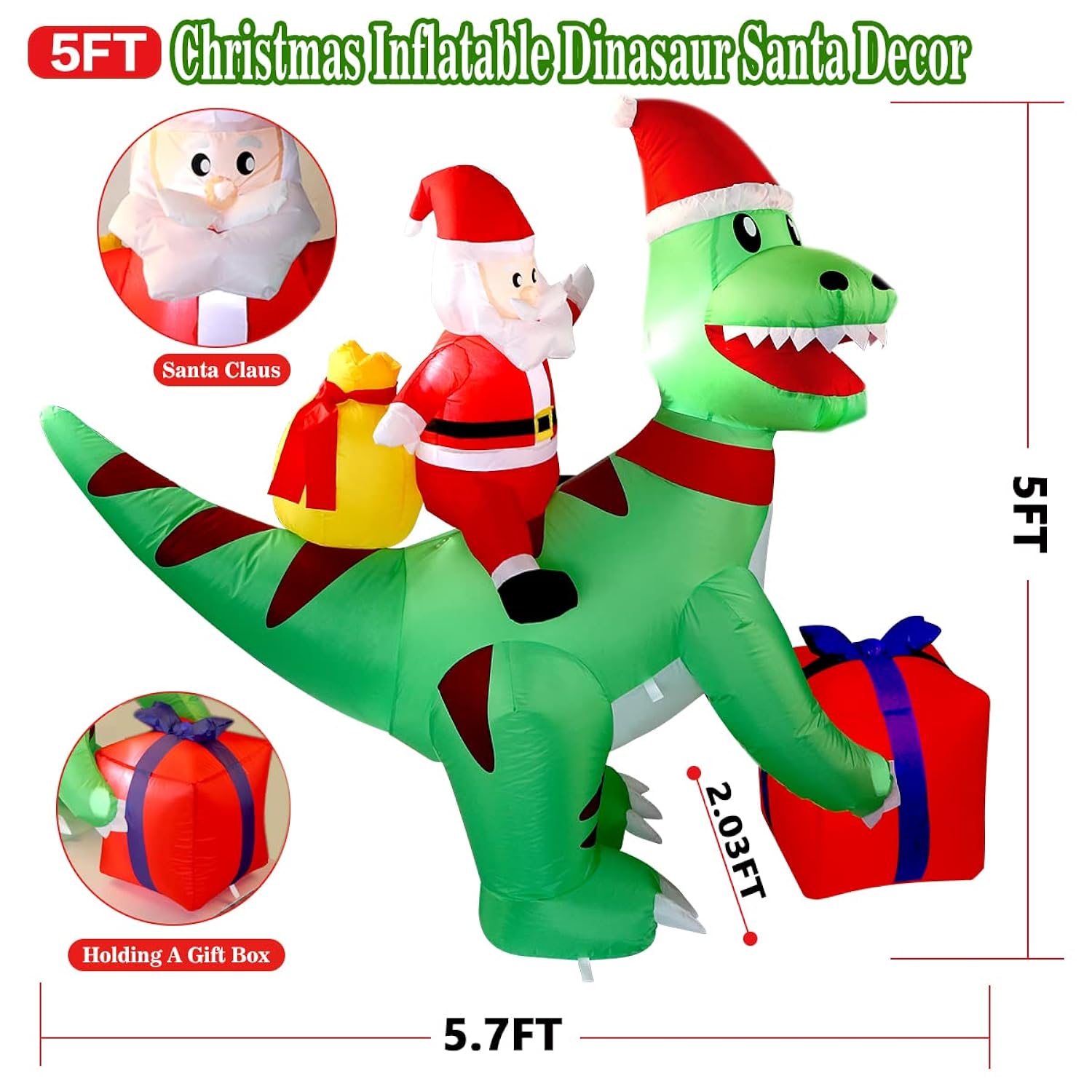 5Ft Christmas Inflatables Dinosaur Santa Claus, Indoor/Outdoor Deco, Blow Up Dinosaur Santa Decoration With Built-In Led
