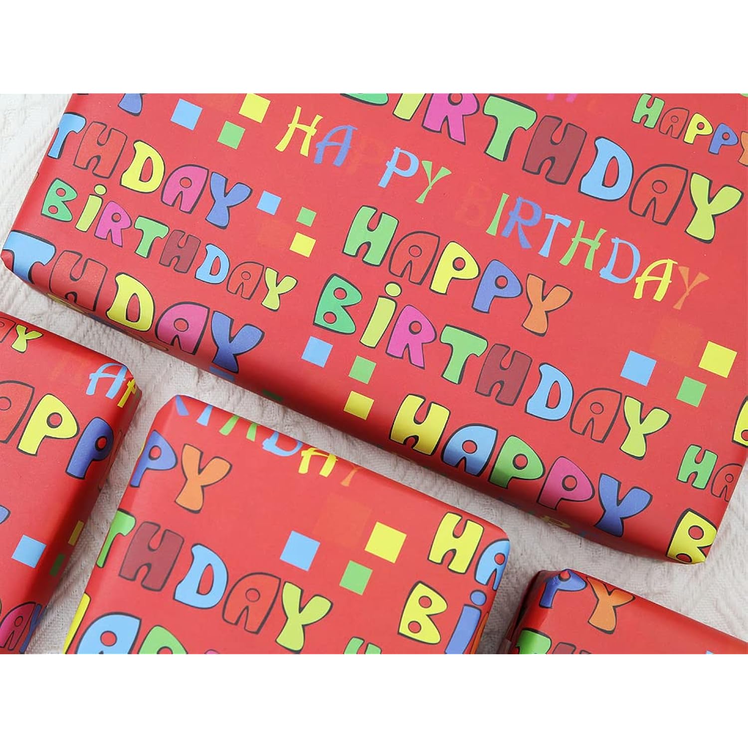 Happy Birthday Letter On Red Wrapping Paper For Kids Girls Boys Women Men, 4 Sheets Folded Flat 20X28 Inches Per Sheet, Red Gift Wrap For 1St Birthday Party Baby Shower Holiday Kindergarten And More