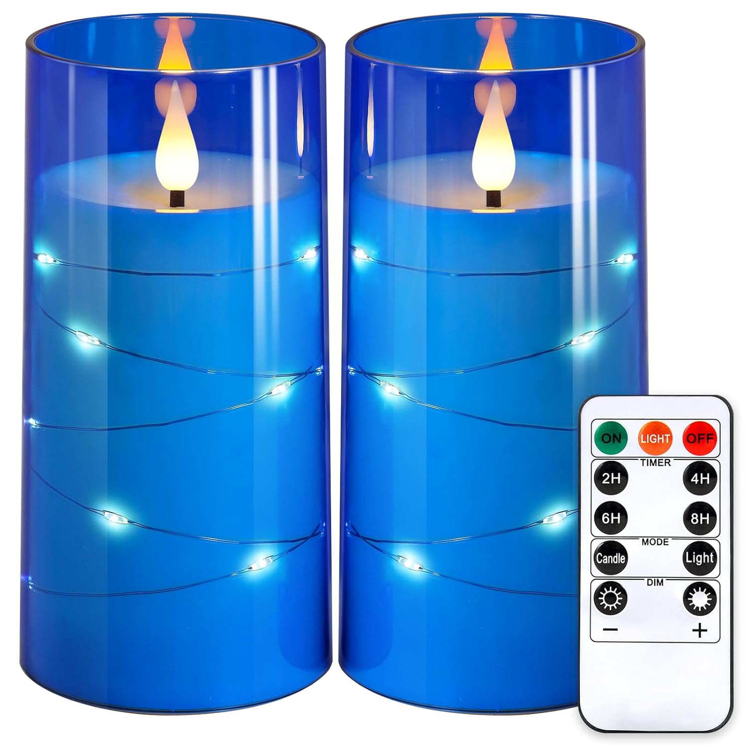 3"X6"Flickering Flameless Candles: Built-In Star String 3D Wick Battery Operated Led Candles With Remote And Timer For Wedding Valentine'S Day Decor, Blue 2 Pack