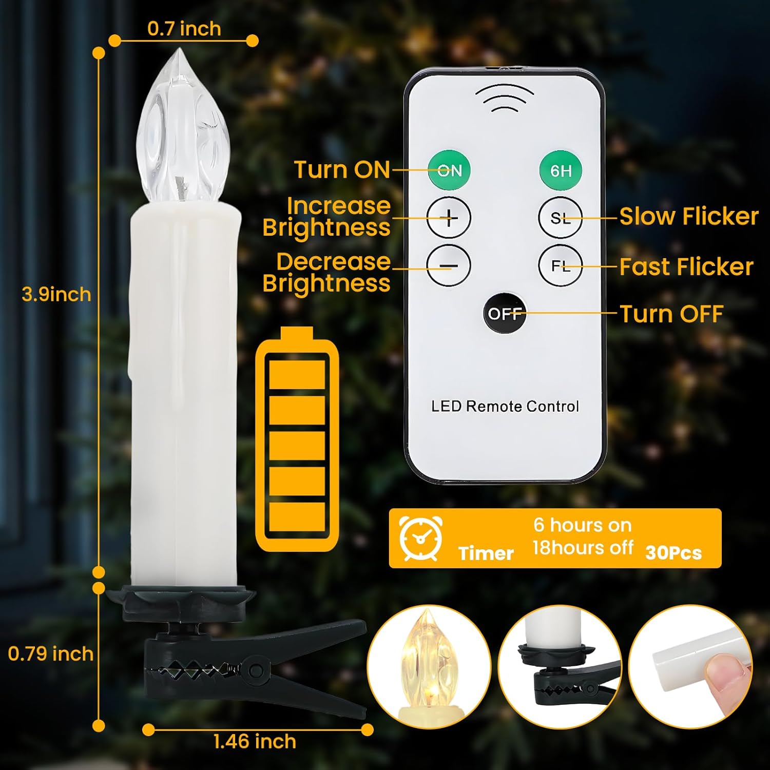 Christmas Trees Flameless Candles, 30Pcs Led Flickering Lights Battery Operated Candlesticks With Remote Timer/Clips, Warm White Window Taper Candles For Home Wedding Halloween Birthday Decor