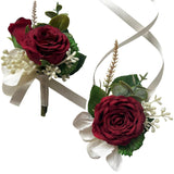 Artificial Wrist Corsage Boutonniere Set For Groom Bride Groomsmen Bridesmaids, Corsage Wristband Men Boutonniere Wedding Party Prom Suit Decorations - Burgundy 2Pcs