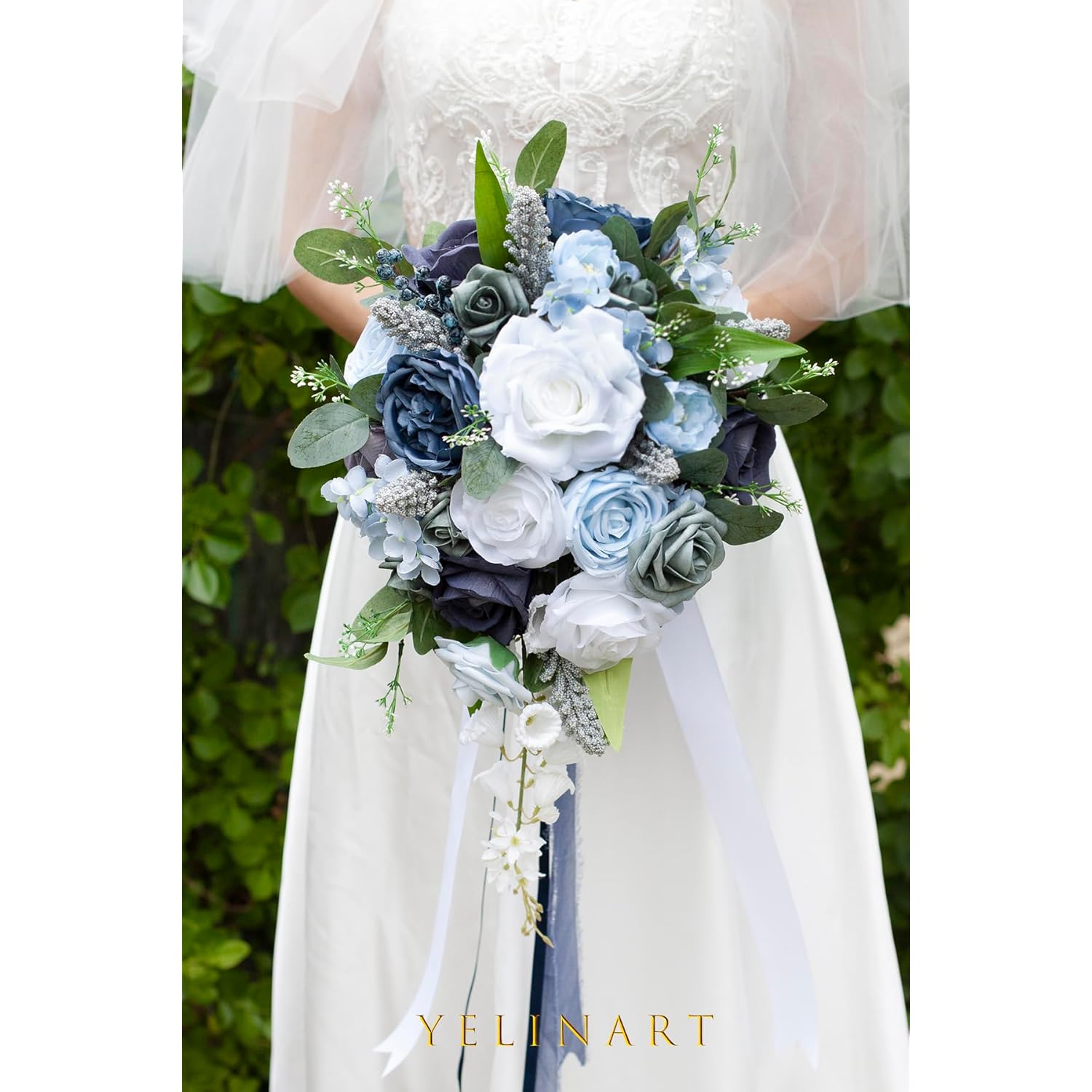 10 Inch Dusty Blue Wedding Bouquets For Bride Artificial Roses Flower Cascading Cascade Bridal Bouquet For Rustic Boho Fall Vintage Wedding Ceremony Party And Anniversary