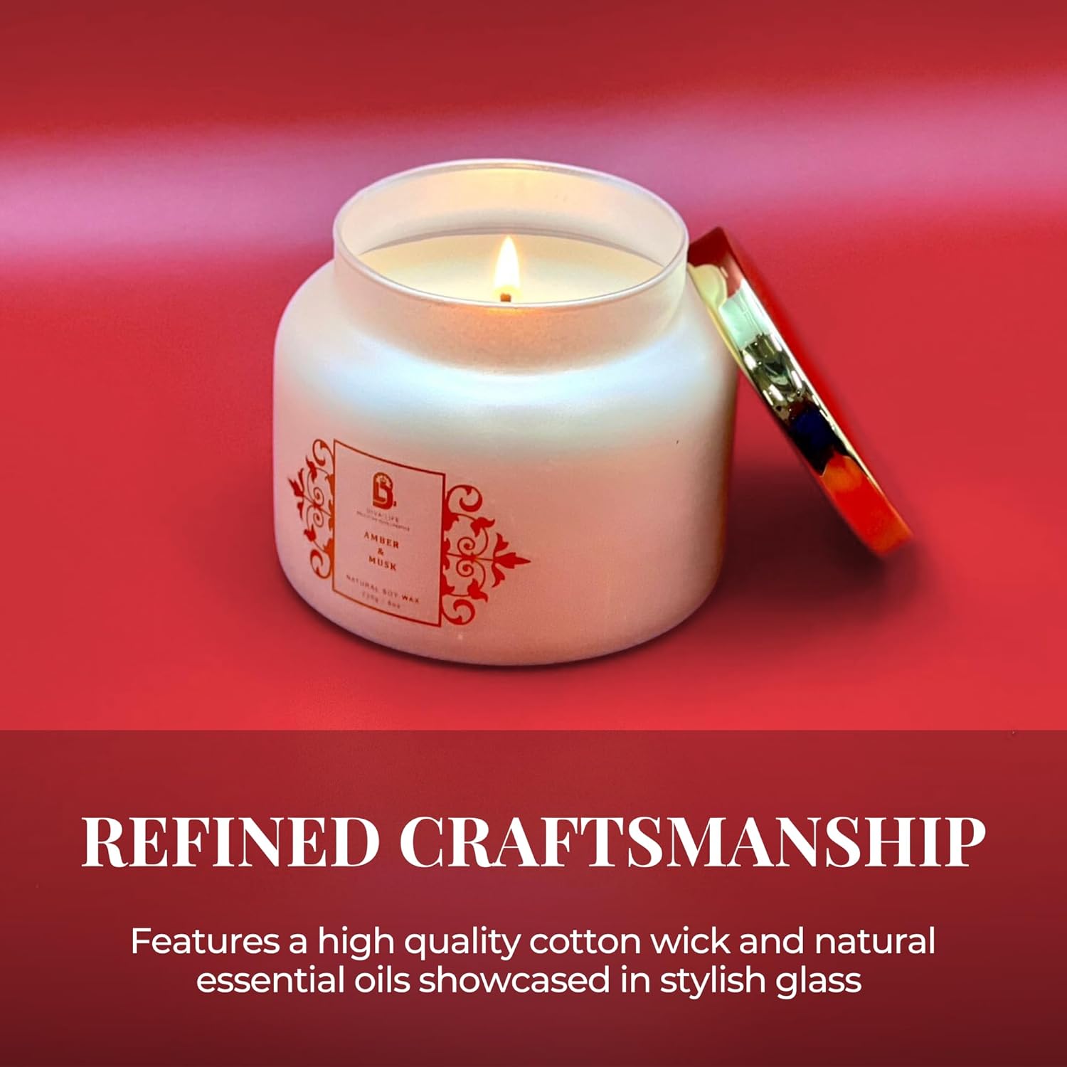 Amber Musk Glass Jar Candle – Handcrafted Wood Wick Soy Candles – Spiced & Woody Scent Aromatherapy Candle – Smokeless & Long Lasting Aromatic Candles W/ 35 Hour Burn Time